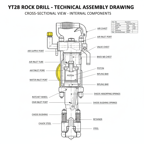 Bản vẽ kỹ thuật búa khoan đá YT28